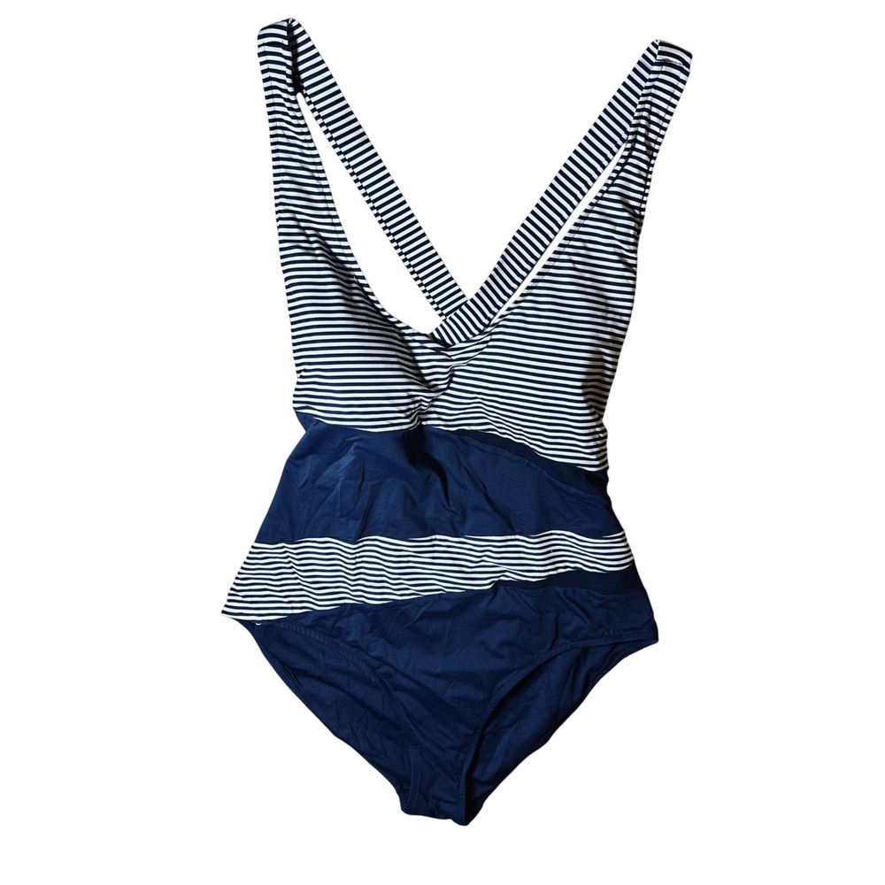 Niptuck Swim Navy Blue White Striped One Piece Swimsuit Cross Back‎ Size 14